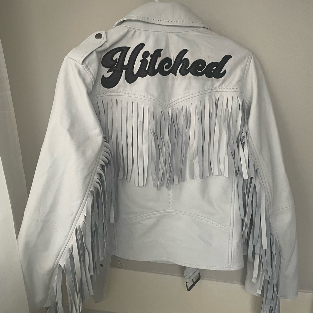 NASTYGAL Just Hitched Graphic Real Leather Fringe Jacket - SM White Leather